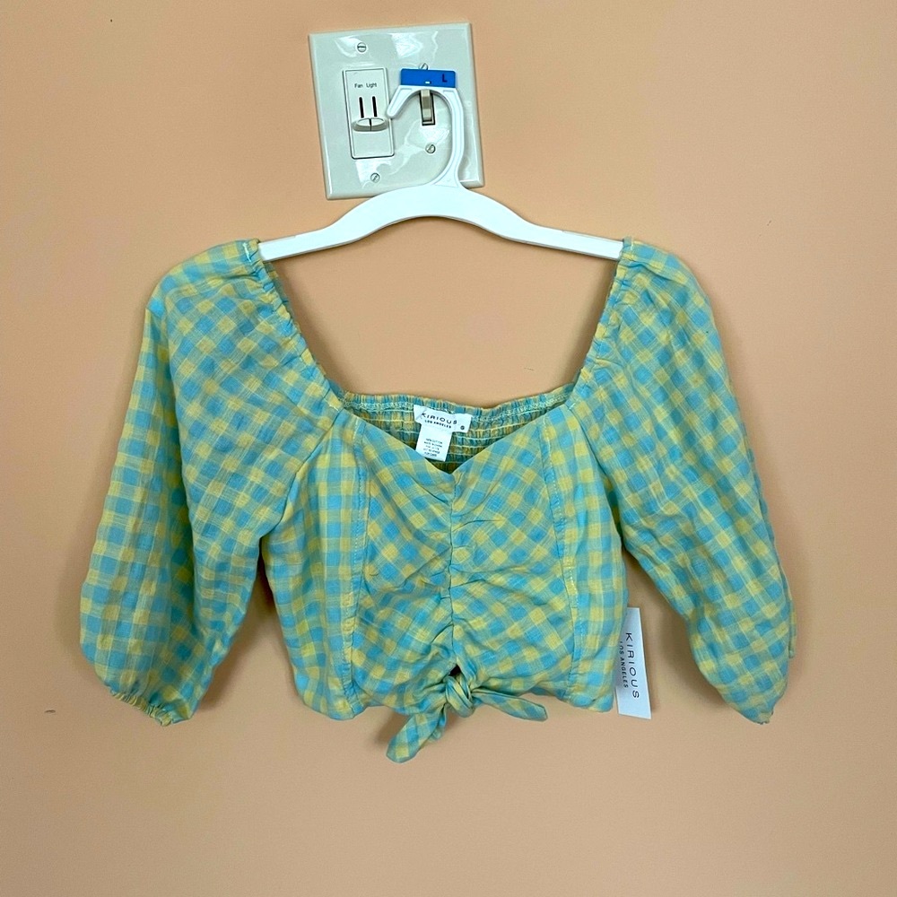 Kirious Los Angeles Plaid- Green and Yellow Puff Sleeve Top
